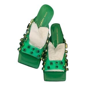 NEW Good American Jeweled Emma Slip Heels Mules Diamonds Summer Green Size 10.5